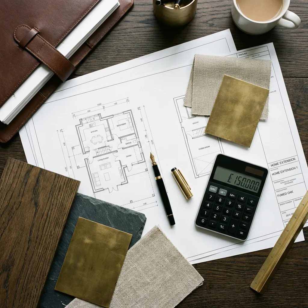 Architectural Blueprints and Material Samples representing Budgeting