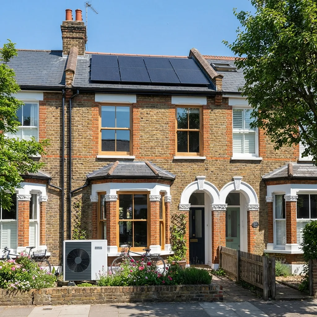 Modern eco-retrofitted Victorian house with solar panels and heat pump