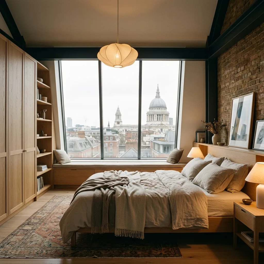 Aspirational hyper-realistic London loft interior with dormer window