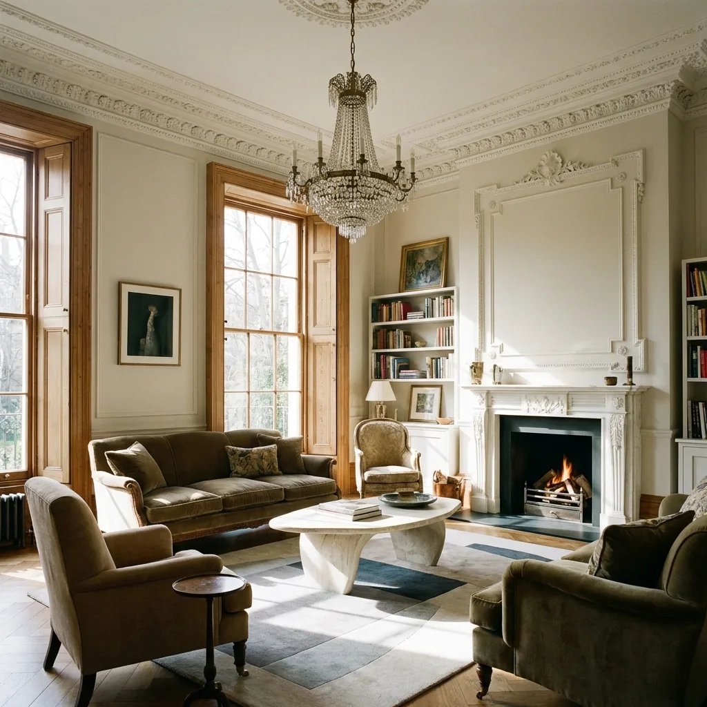 Restored Victorian drawing room with original cornicing and marble fireplace
