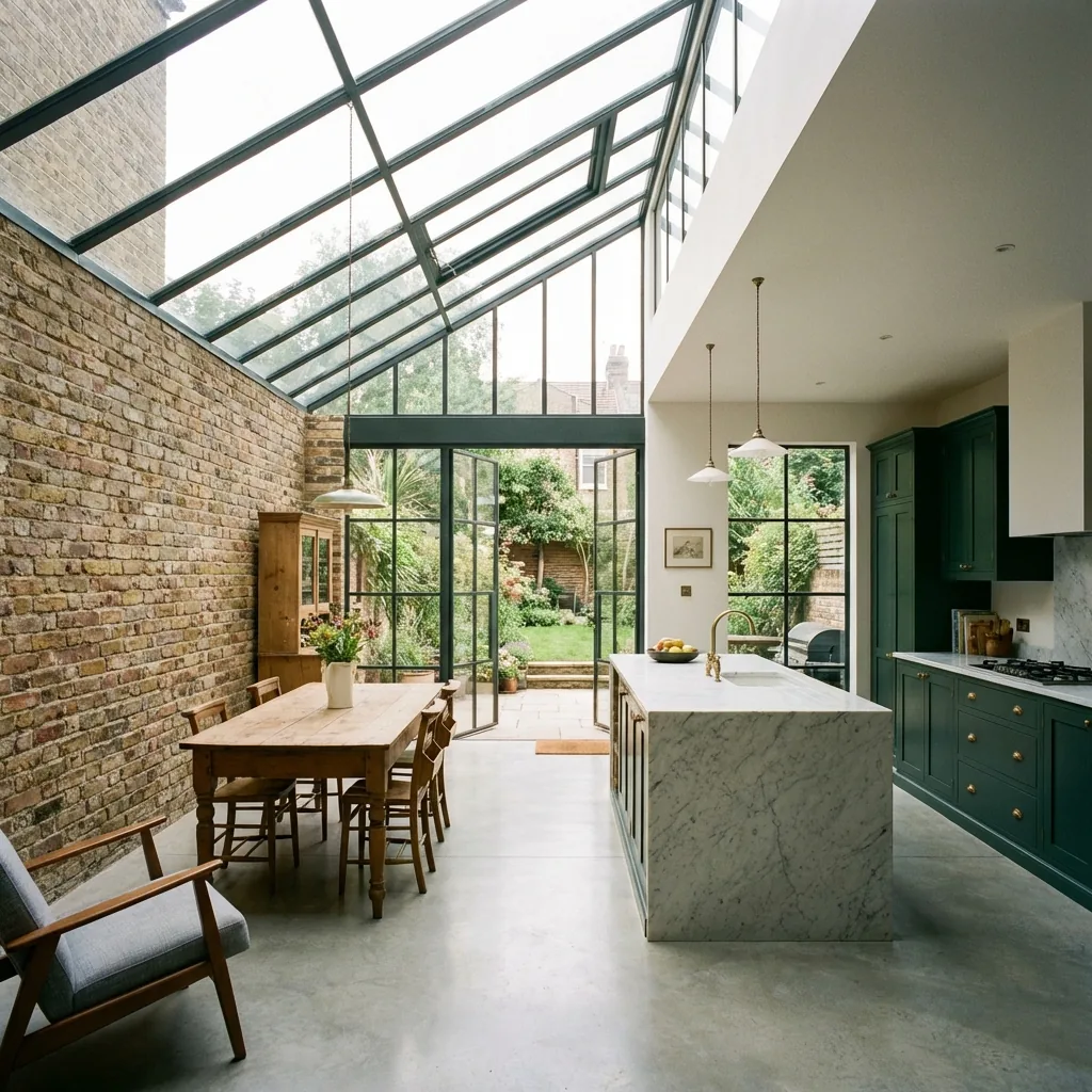 Open plan kitchen extension in a London Victorian terrace with island and rear glazing